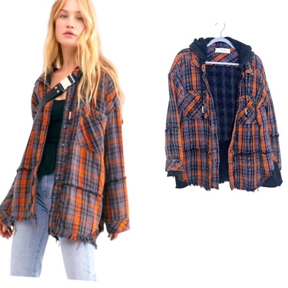 Free People Tops - Free People Calico Basin Combo Plaid Hoodie Button Down Jacket Shacket